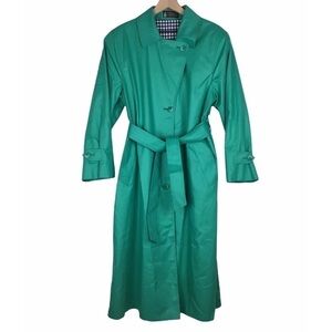 LONDON FOG Trench Coat Classic Gingham Lining Green Navy Petite Plus Size 14P